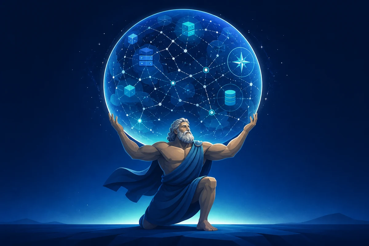 A stylized Atlas supporting a celestial sphere filled with constellations and infrastructure connections.