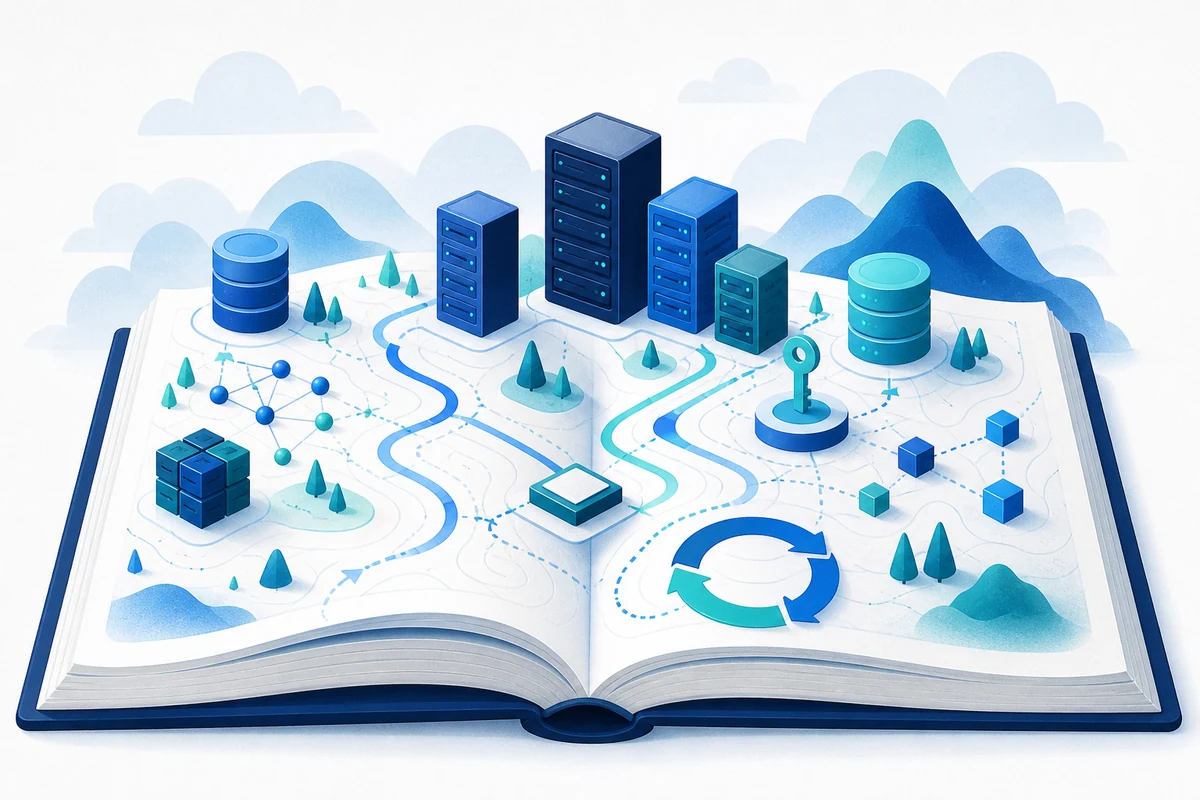 An open illustrated atlas organizing servers, storage, identity, and network paths across its pages.