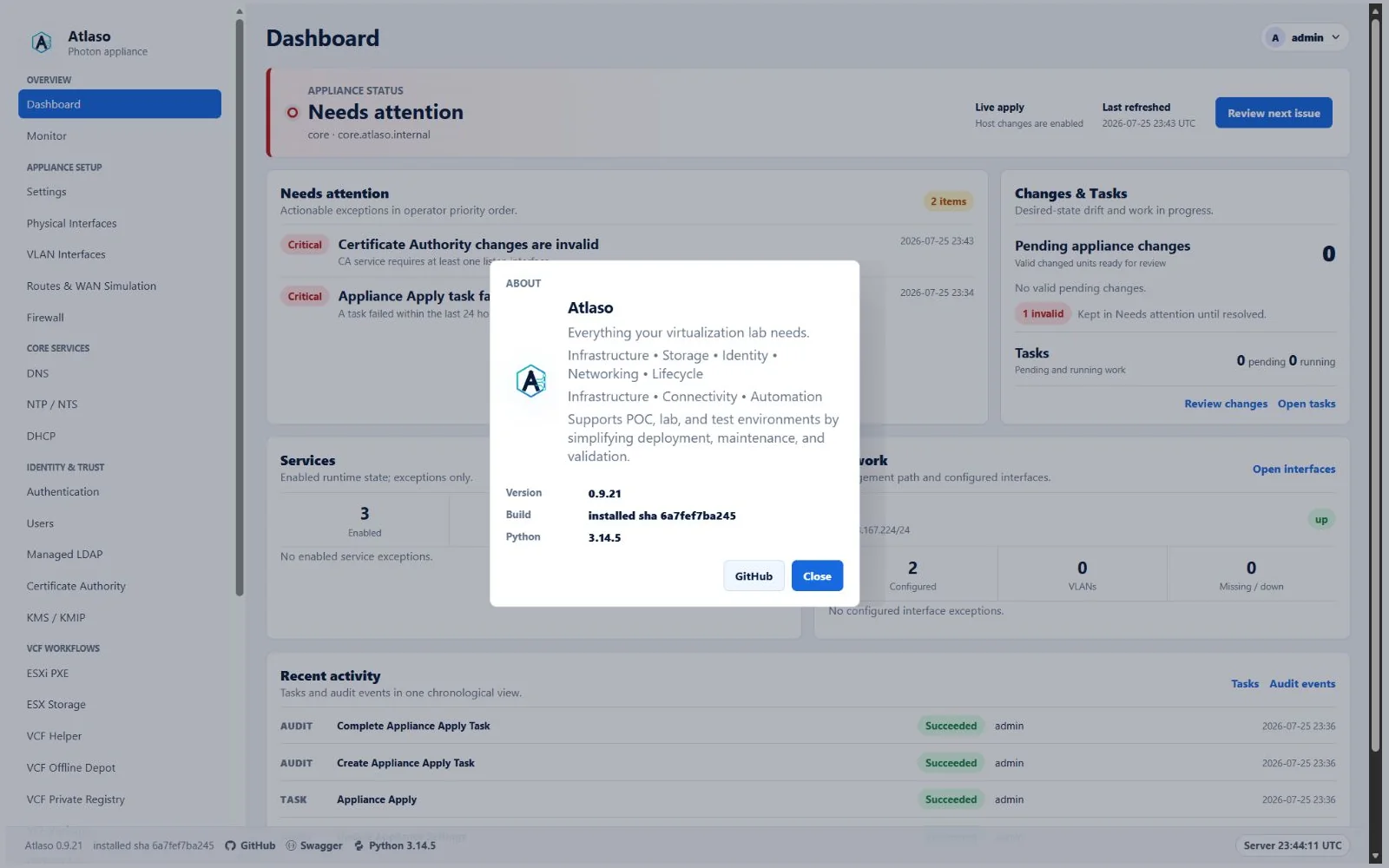 Atlaso About dialog showing version 0.9.21, build identity, and Python version.
