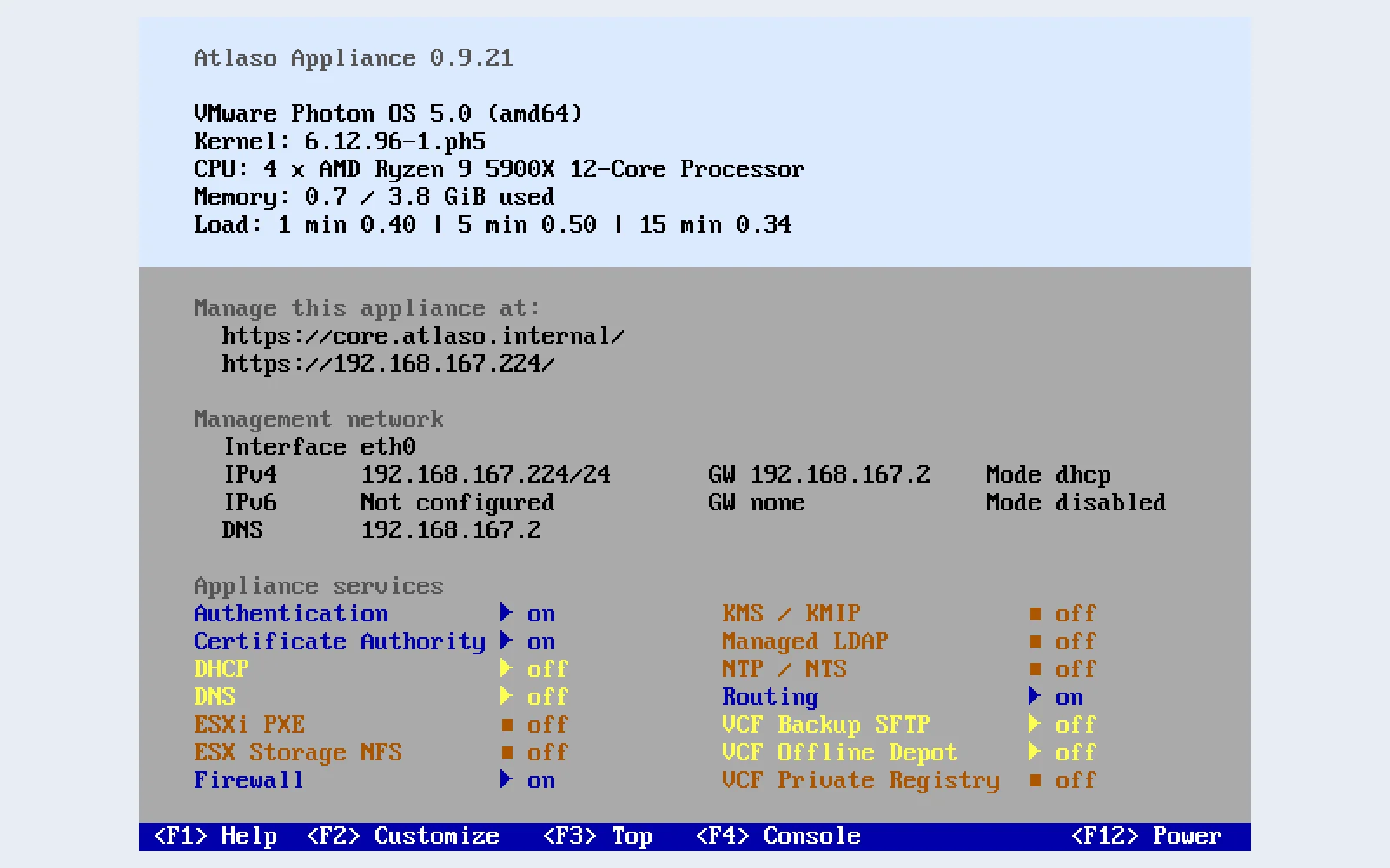 Atlaso Photon appliance console showing management networking and service status.