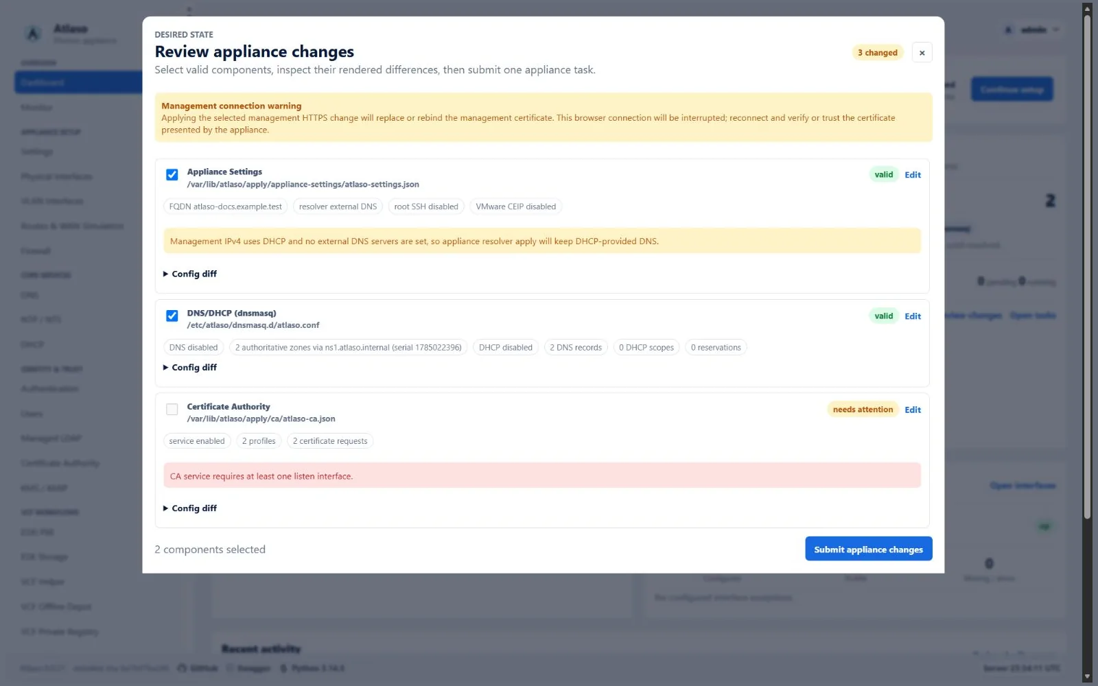 Review appliance changes dialog with selected valid units and one unit needing attention.