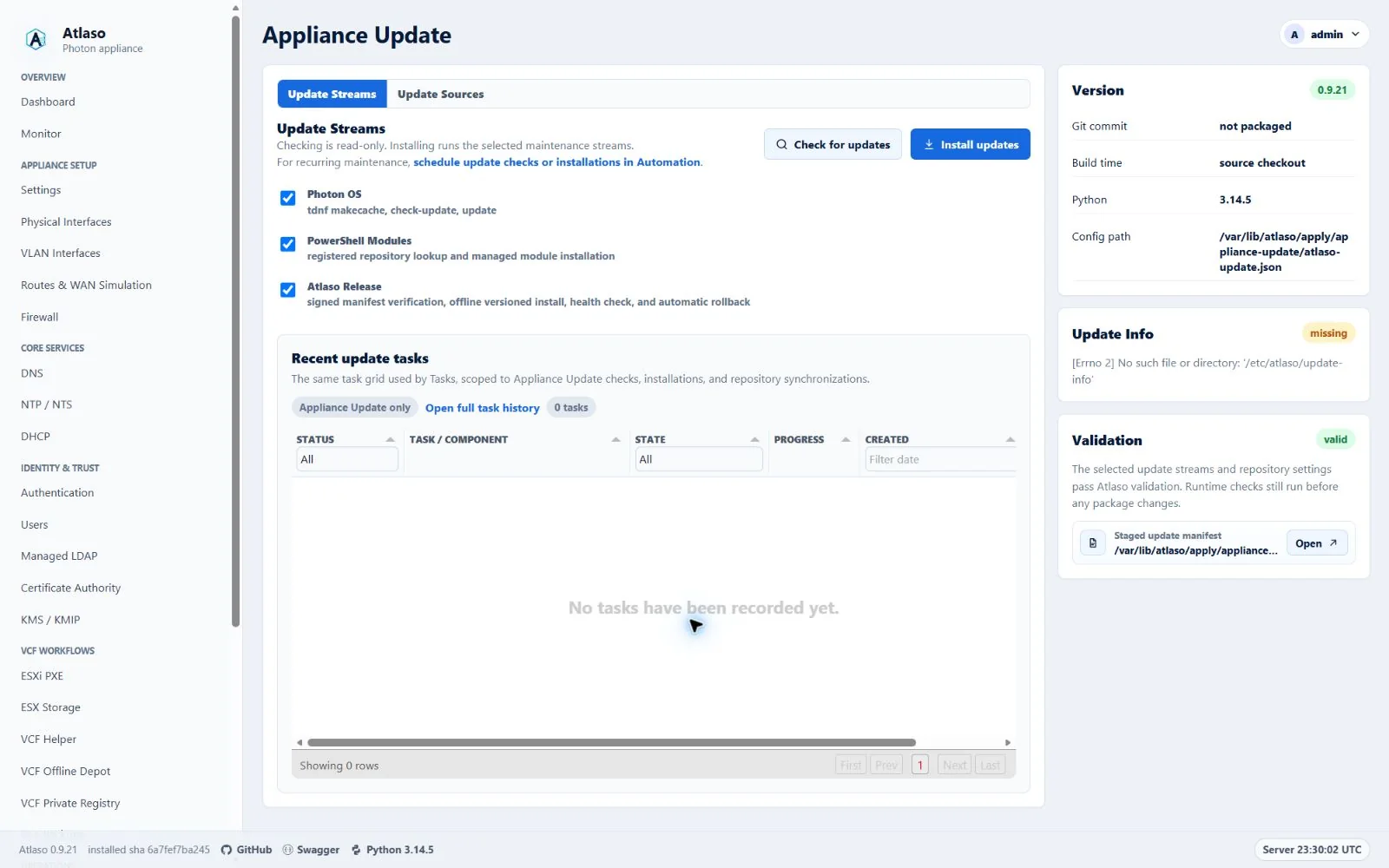 Atlaso Appliance Update page in the clean-appliance desktop viewport.
