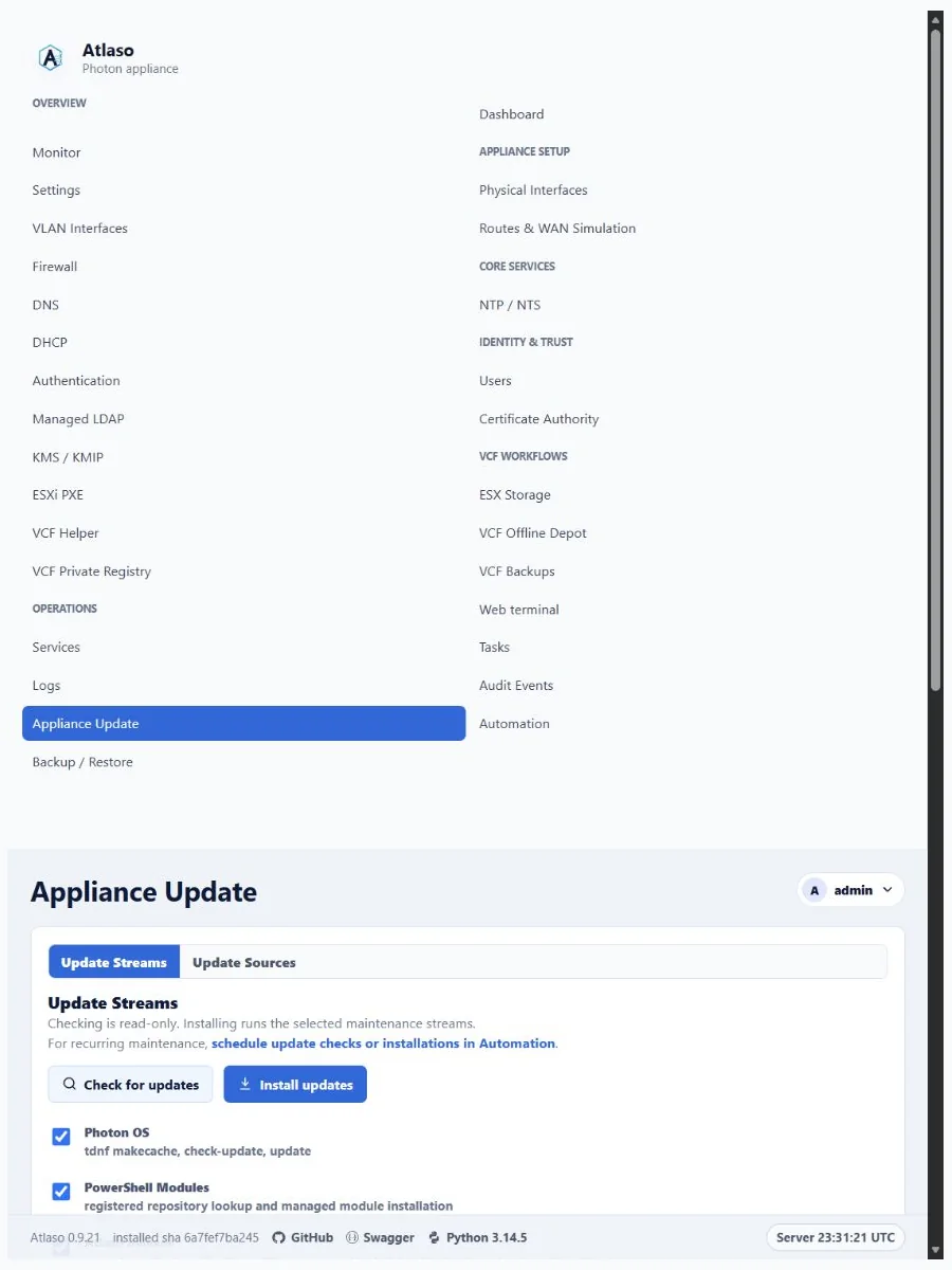 Atlaso Appliance Update page in the clean-appliance responsive viewport.