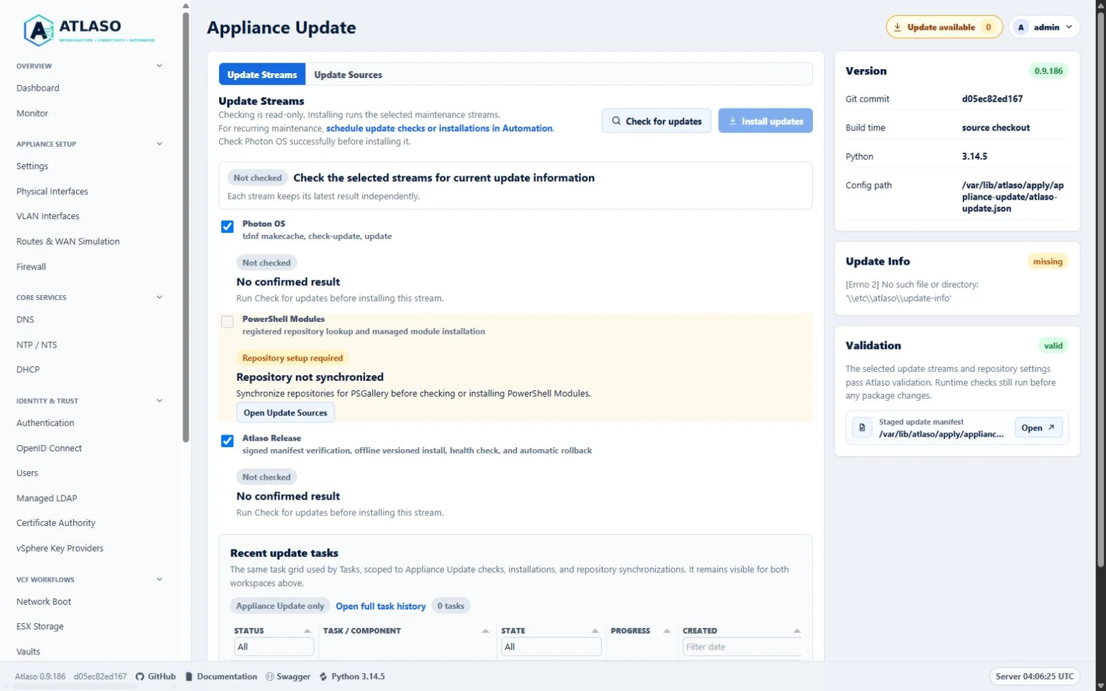 Atlaso Appliance Update showing PowerShell Modules disabled with Repository setup required and an Open Update Sources action.