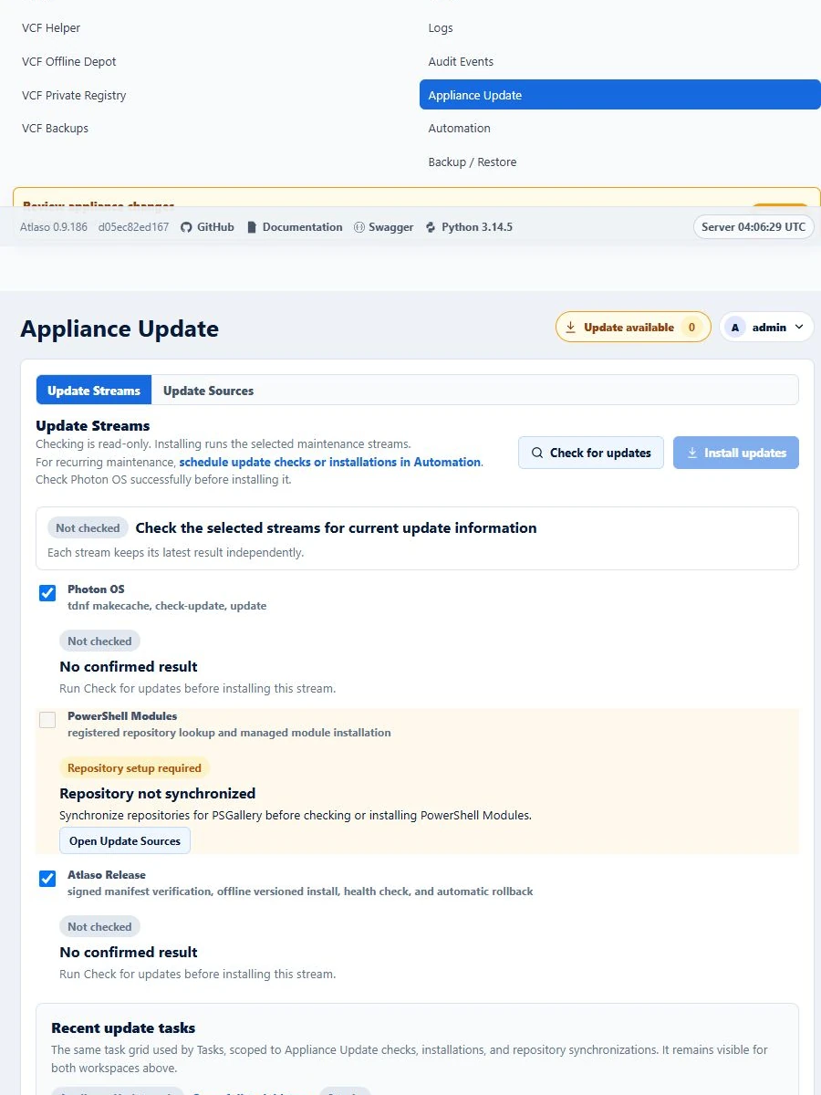 Atlaso Appliance Update responsive view showing the disabled PowerShell Modules stream, repository prerequisite, and remediation action.