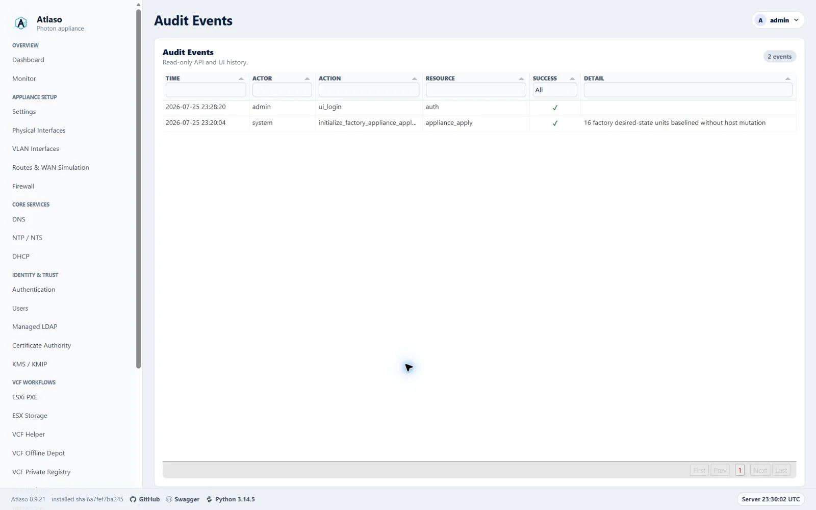 Atlaso Audit Events page in the clean-appliance desktop viewport.