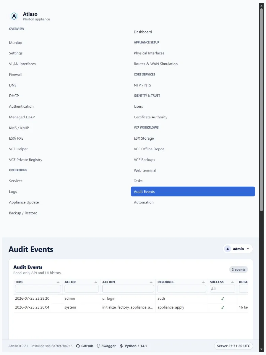 Atlaso Audit Events page in the clean-appliance responsive viewport.