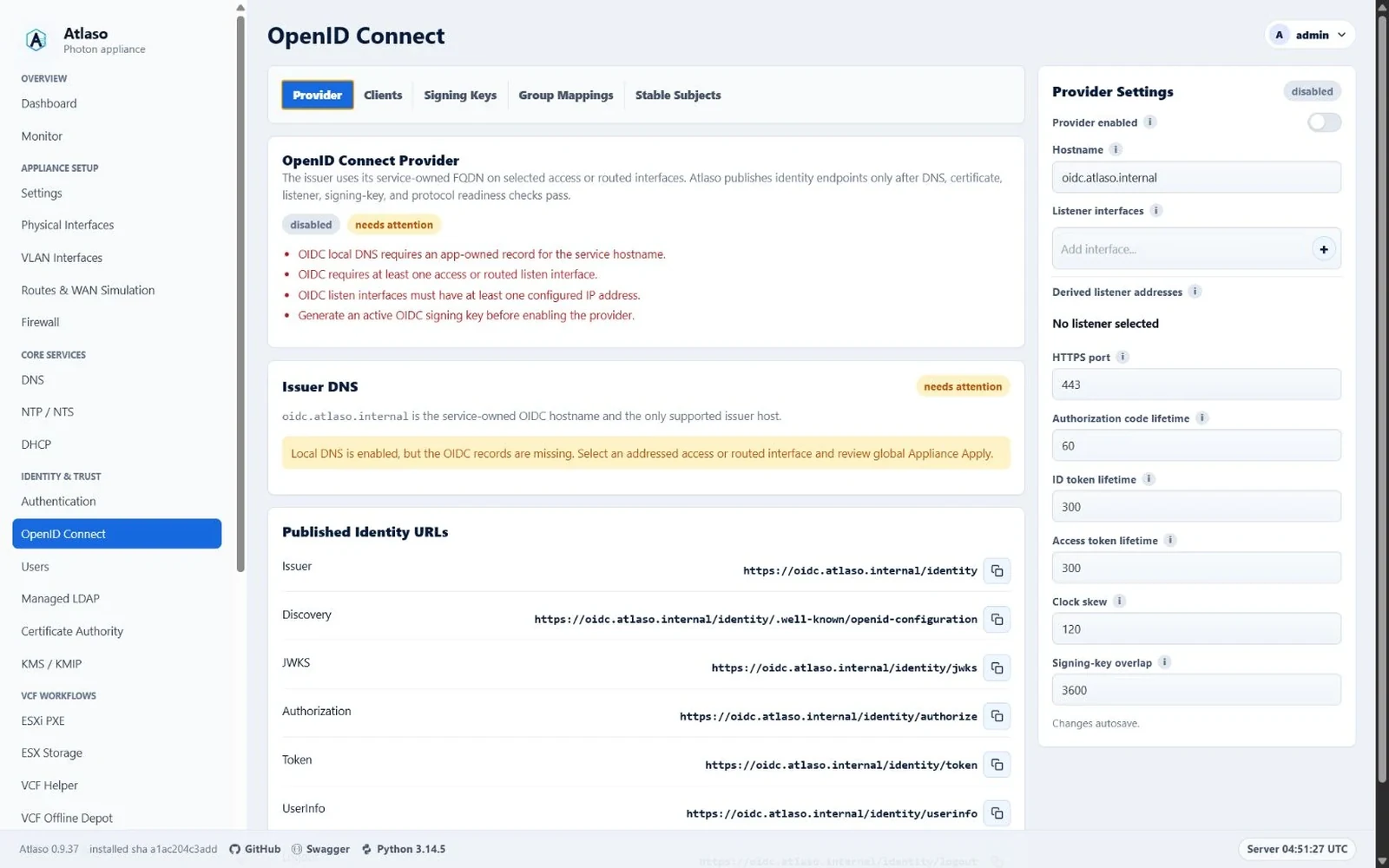 Atlaso OpenID Connect provider status with right-column service settings.