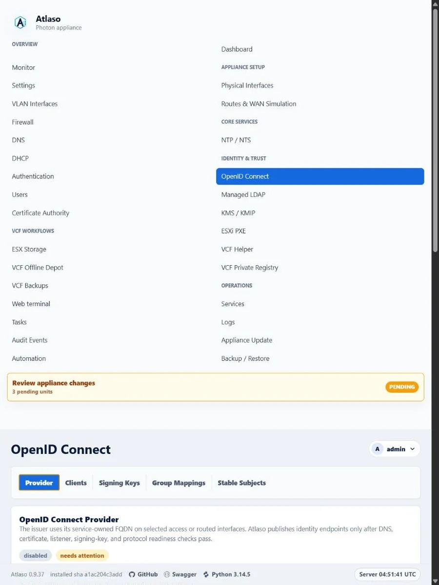 Atlaso OpenID Connect provider settings stacked with status and issuer information at a narrow viewport.