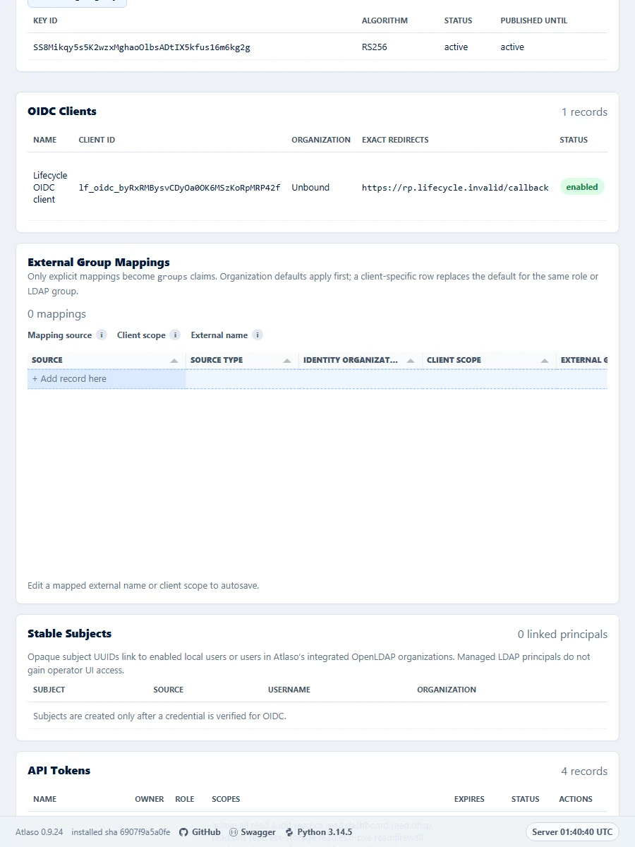 Atlaso OpenID Connect page showing the external group mapping grid at the responsive viewport.