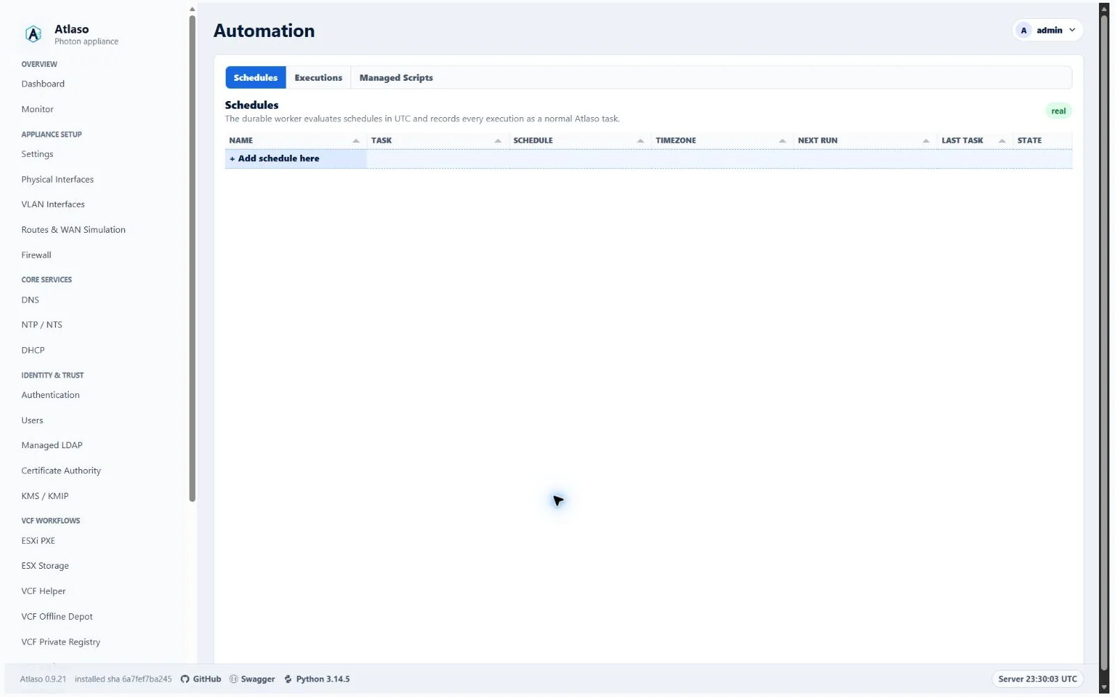 Atlaso Automation page in the clean-appliance desktop viewport.
