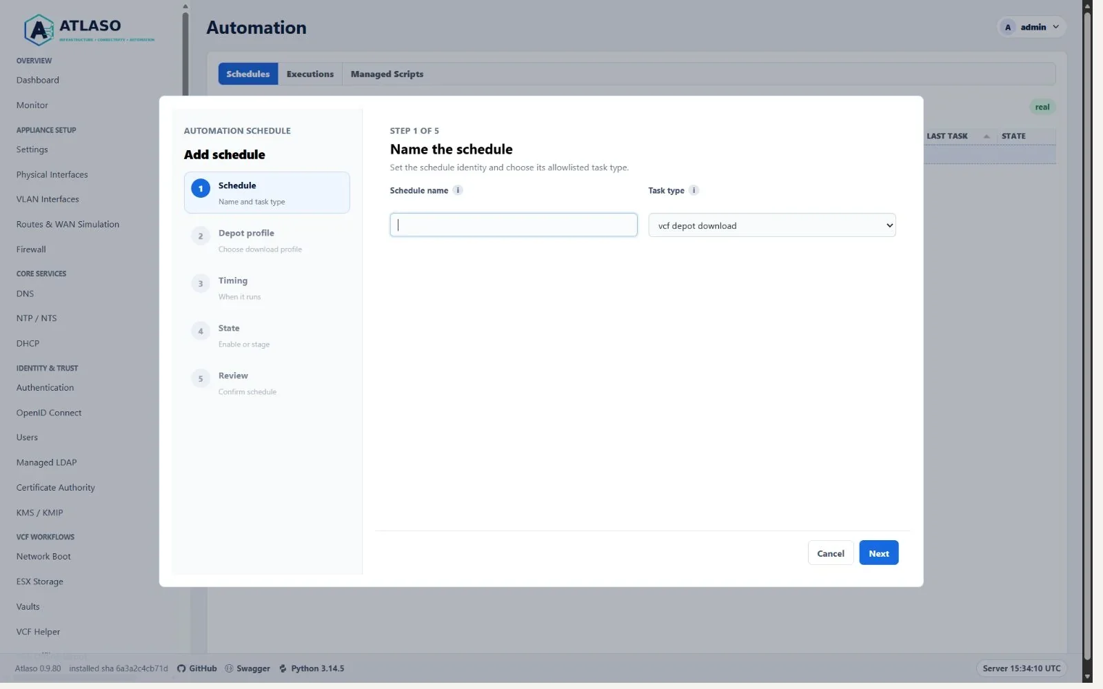 Atlaso Automation schedule wizard with VCF Offline Depot profile download selected at the desktop viewport.