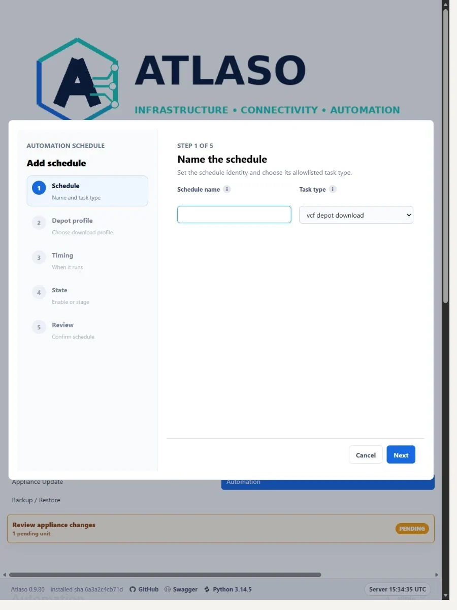 Atlaso Automation schedule wizard with VCF Offline Depot profile download selected at the responsive viewport.