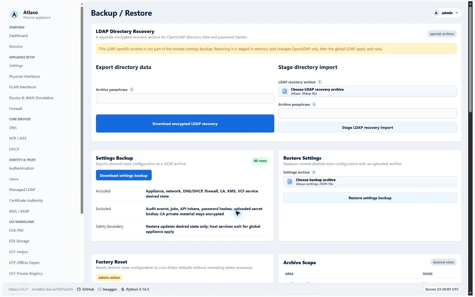 Atlaso Backup and Restore page in the clean-appliance desktop viewport.