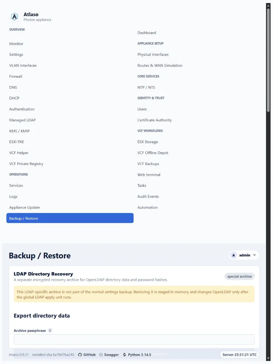 Atlaso Backup and Restore page in the clean-appliance responsive viewport.