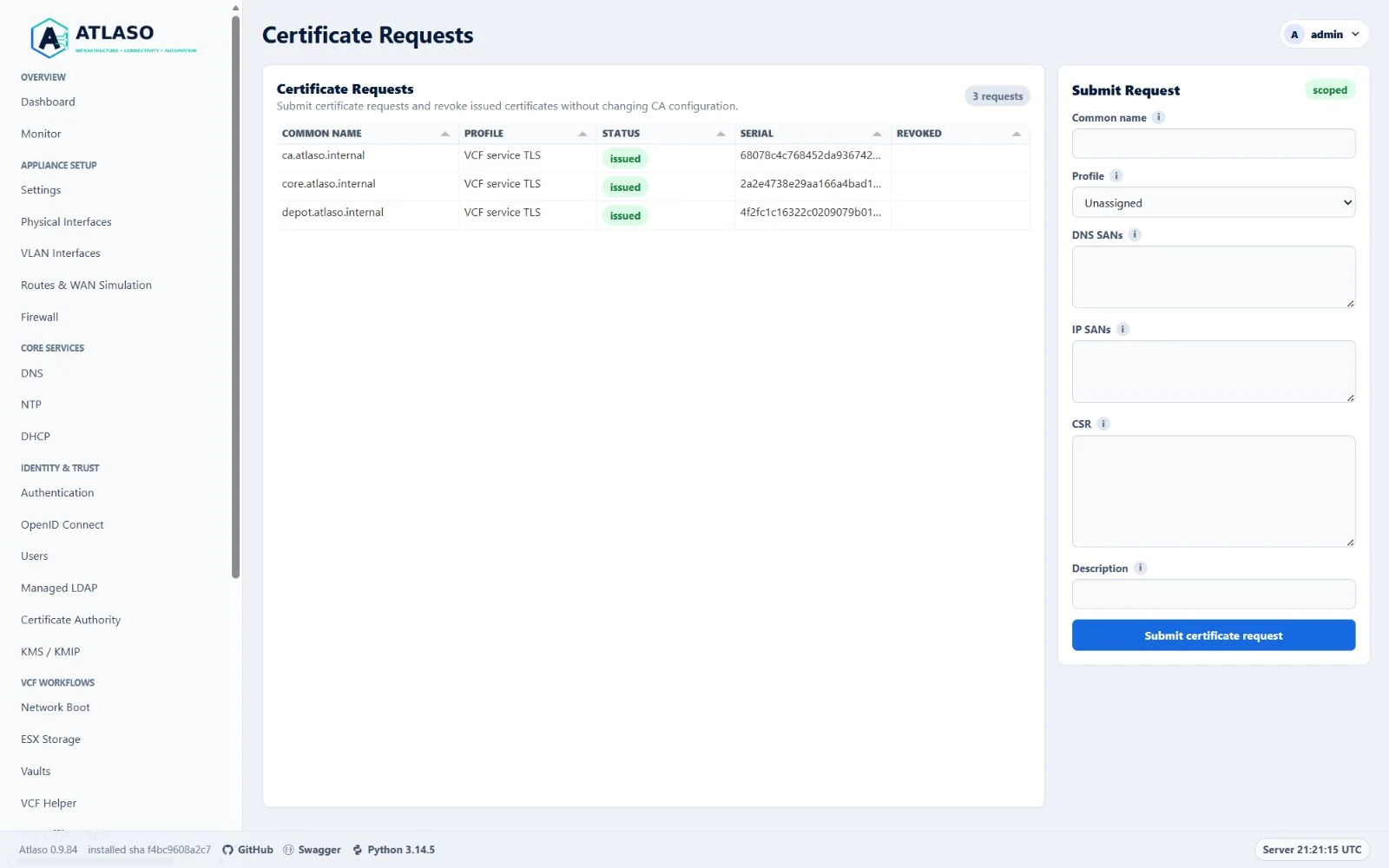 Atlaso management Certificate Requests page showing issued certificates in a read-only grid.