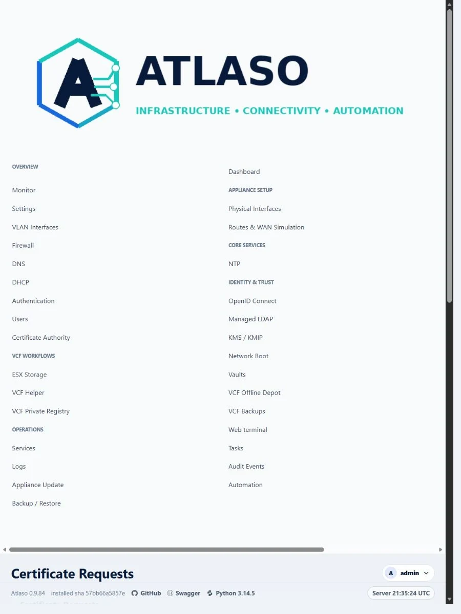 Atlaso management Certificate Requests page showing its read-only grid in the narrow viewport.