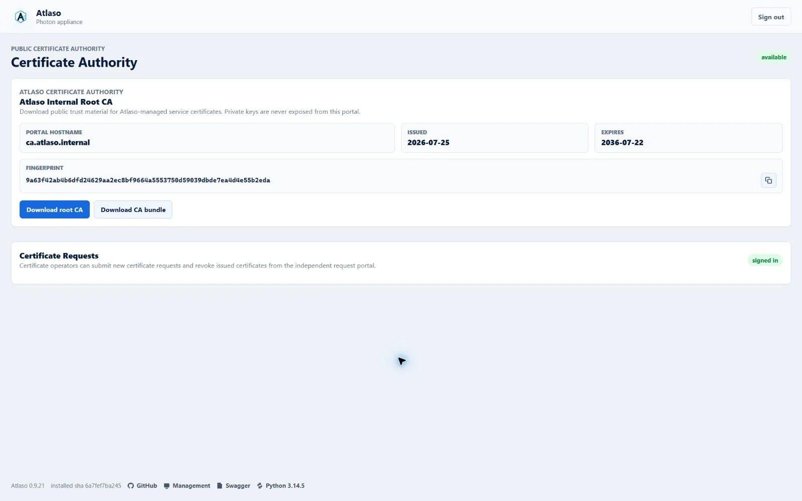 Atlaso Public certificate portal page in the clean-appliance desktop viewport.