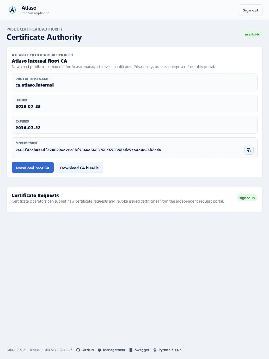 Atlaso Public certificate portal page in the clean-appliance responsive viewport.