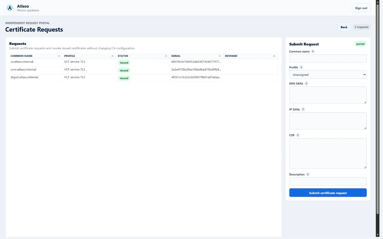 Atlaso public Certificate Request Portal showing issued certificates in a read-only grid.