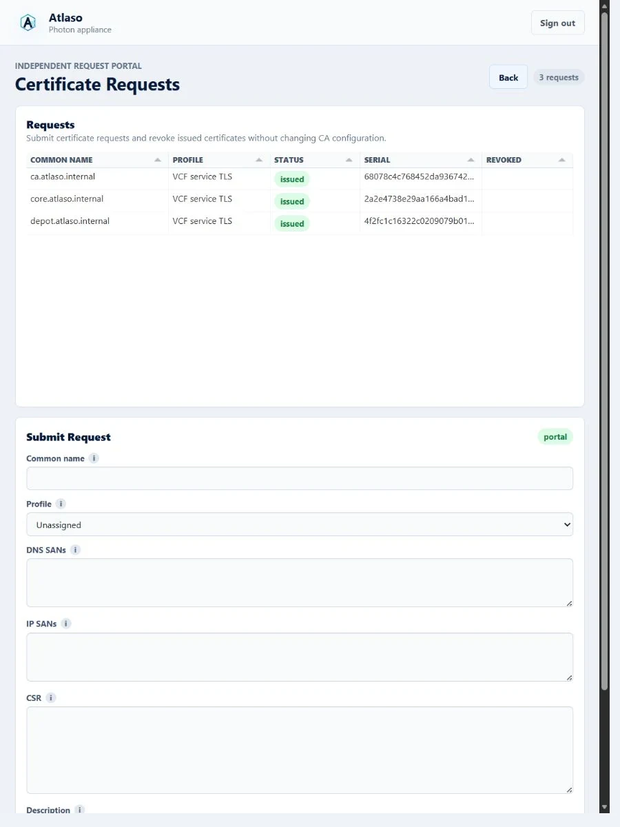 Atlaso public Certificate Request Portal showing its read-only grid in the narrow viewport.
