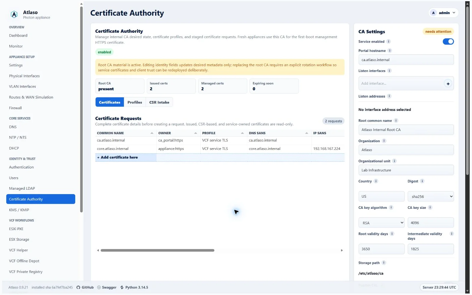 Atlaso Certificate Authority page in the clean-appliance desktop viewport.