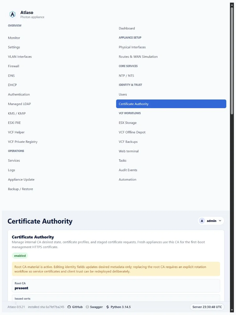 Atlaso Certificate Authority page in the clean-appliance responsive viewport.