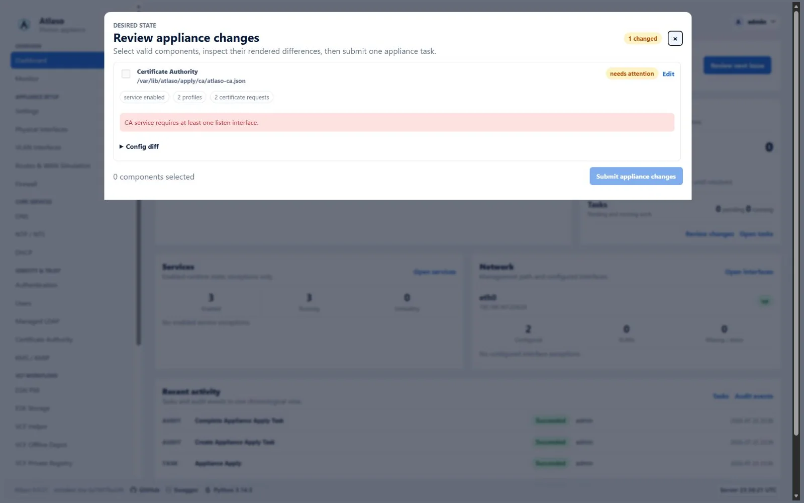 Atlaso dashboard after a successful DNS appliance apply.