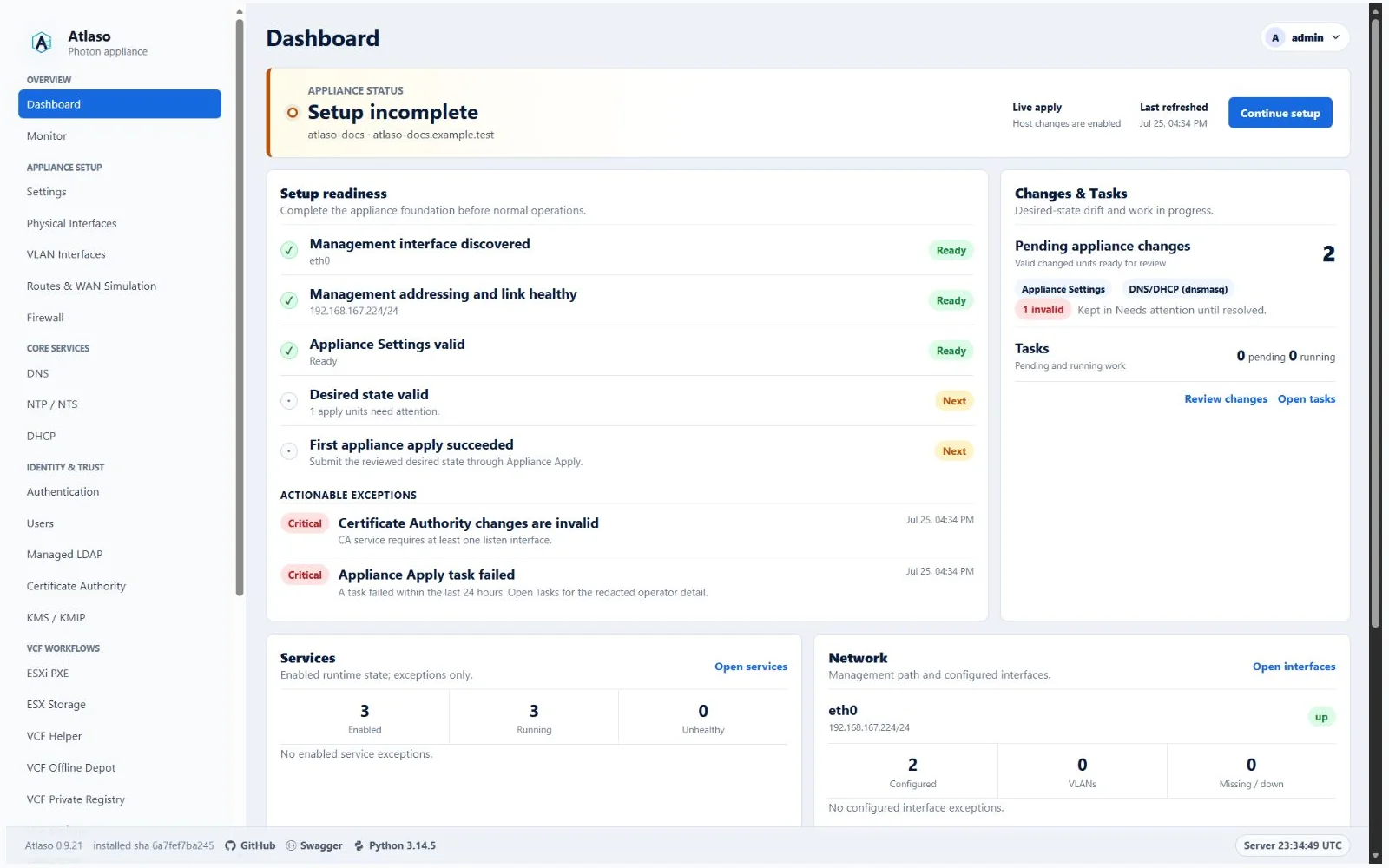 Atlaso dashboard with a failed appliance apply task in actionable exceptions.