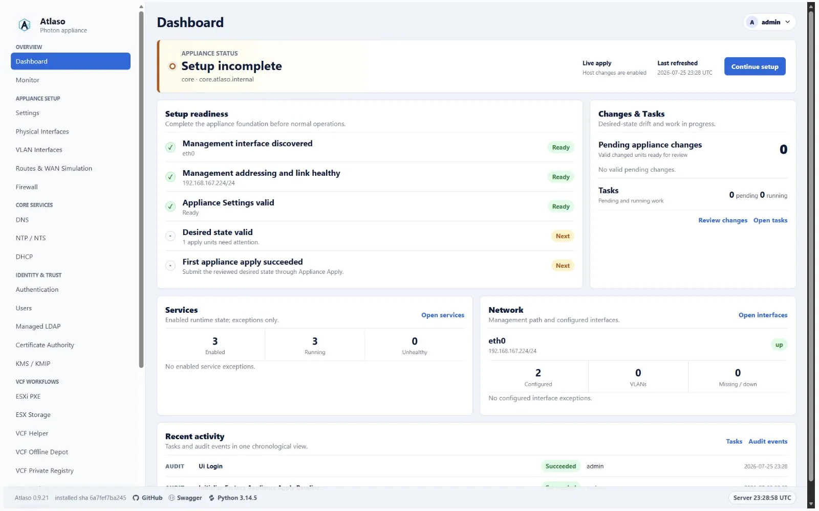Atlaso Dashboard page in the clean-appliance desktop viewport.