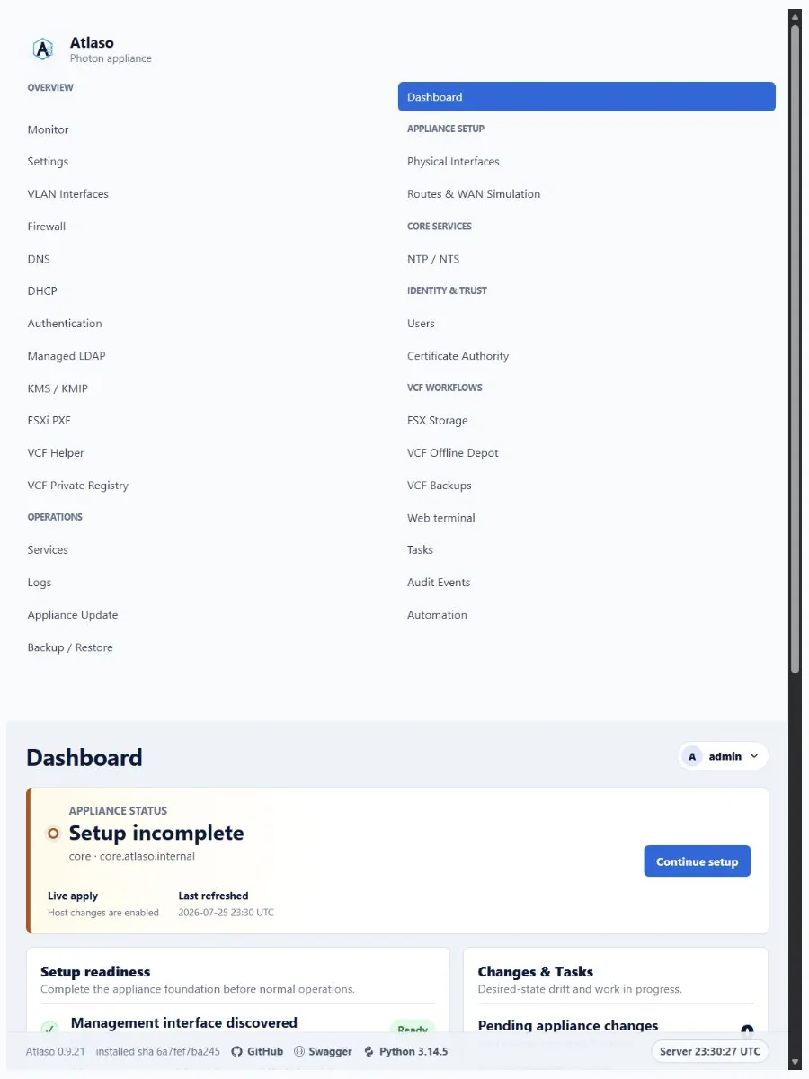 Atlaso Dashboard page in the clean-appliance responsive viewport.