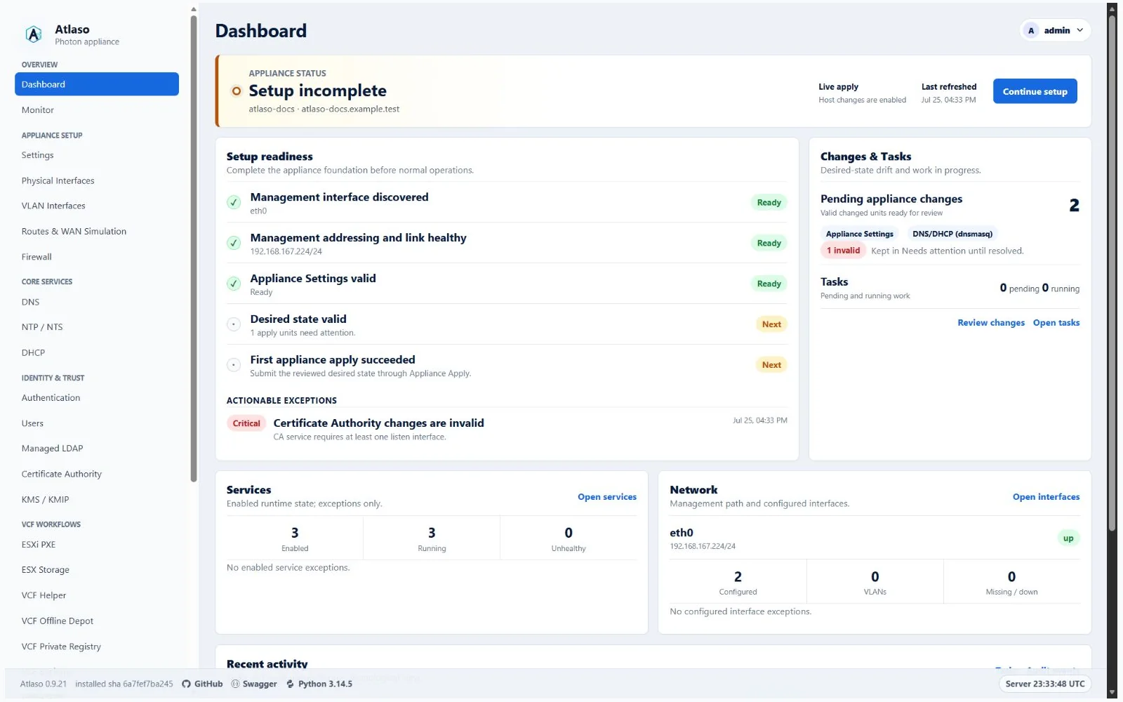 Atlaso dashboard showing pending appliance changes and a validation exception.