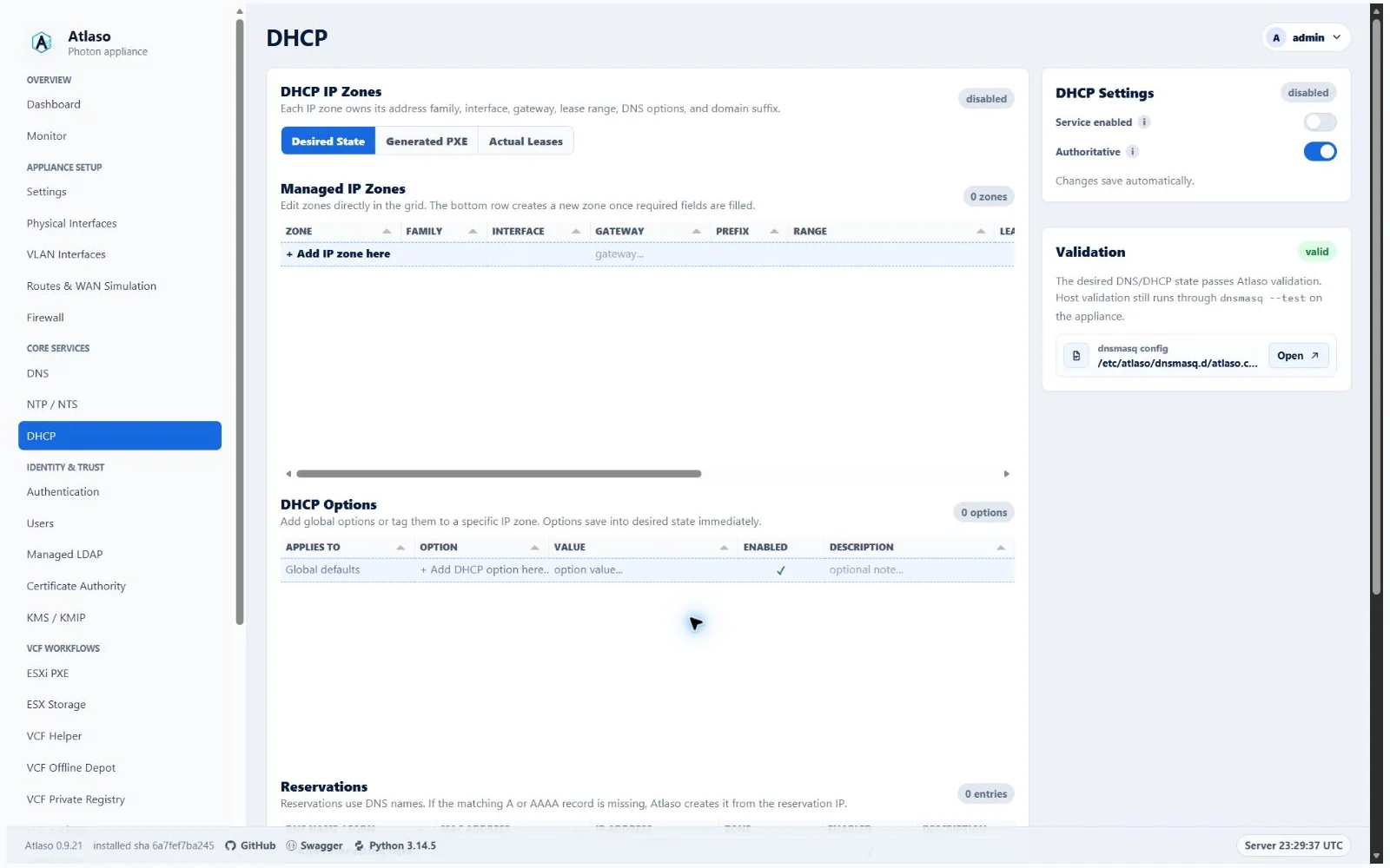 Atlaso DHCP page in the clean-appliance desktop viewport.
