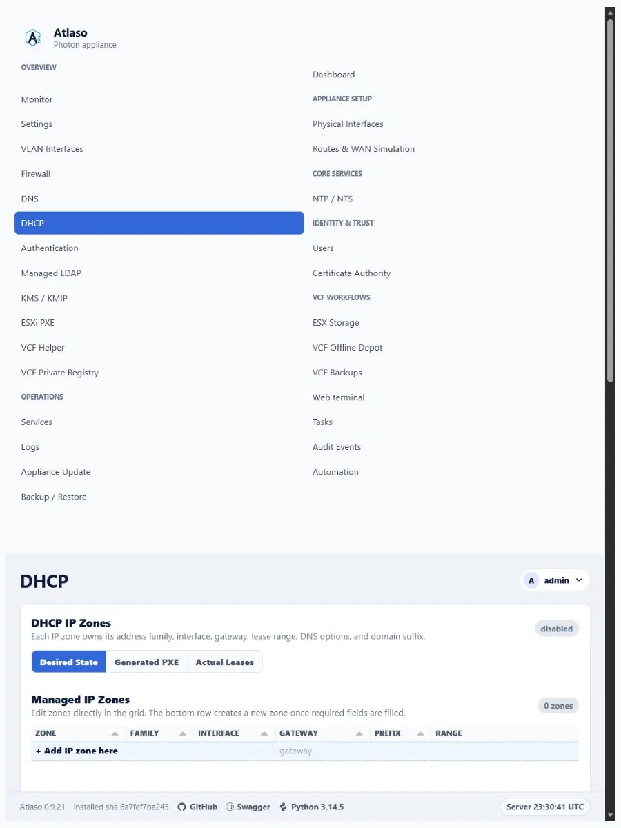 Atlaso DHCP page in the clean-appliance responsive viewport.