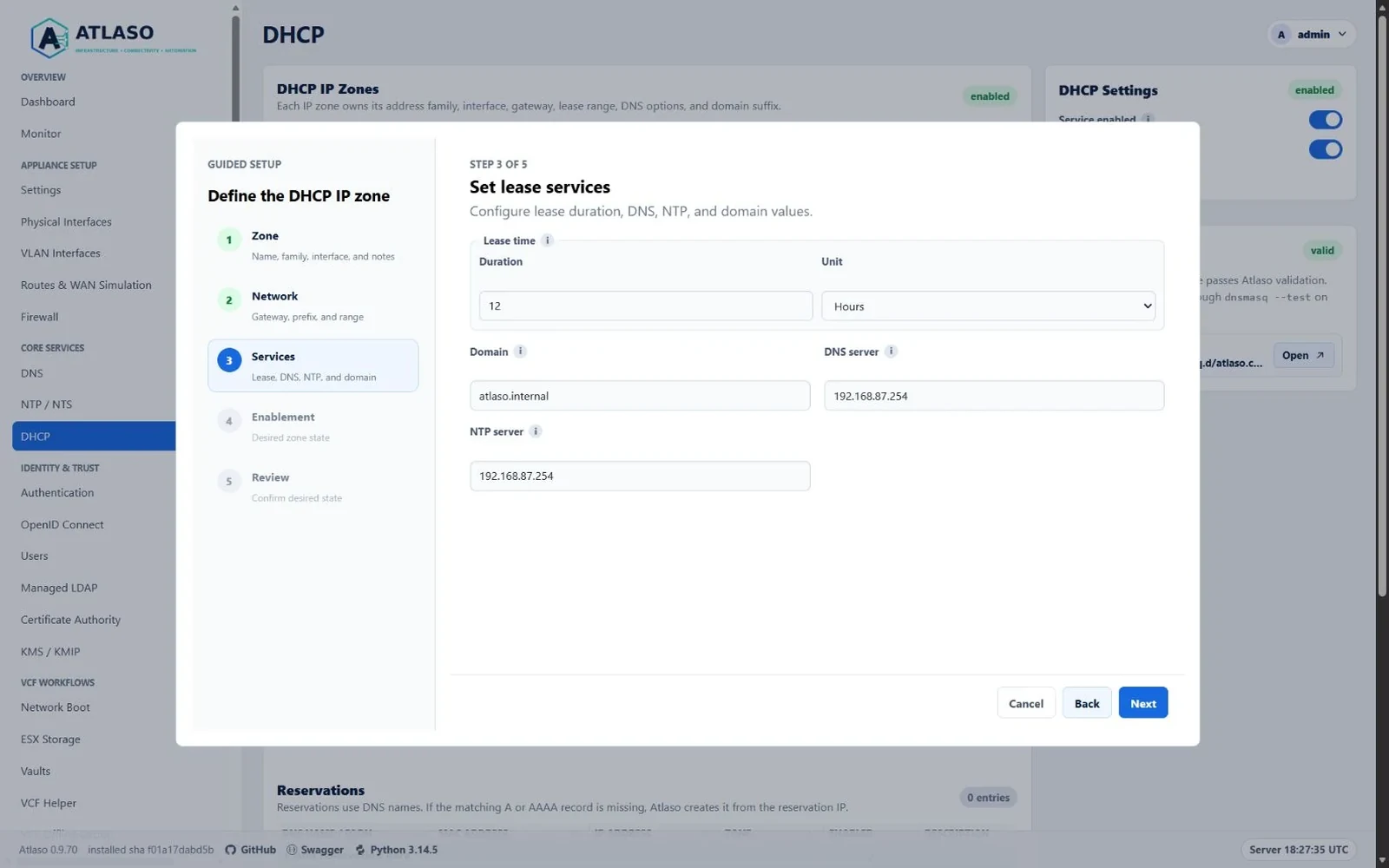 Atlaso DHCP IP zone wizard Services step showing a framed Lease time group and aligned Domain, DNS server, and NTP server fields.