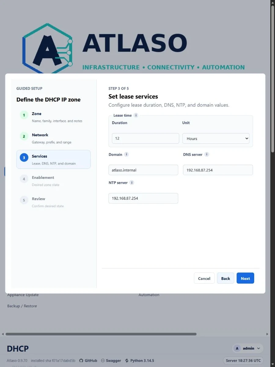 Atlaso DHCP IP zone wizard Services step in a narrow viewport without page overflow.