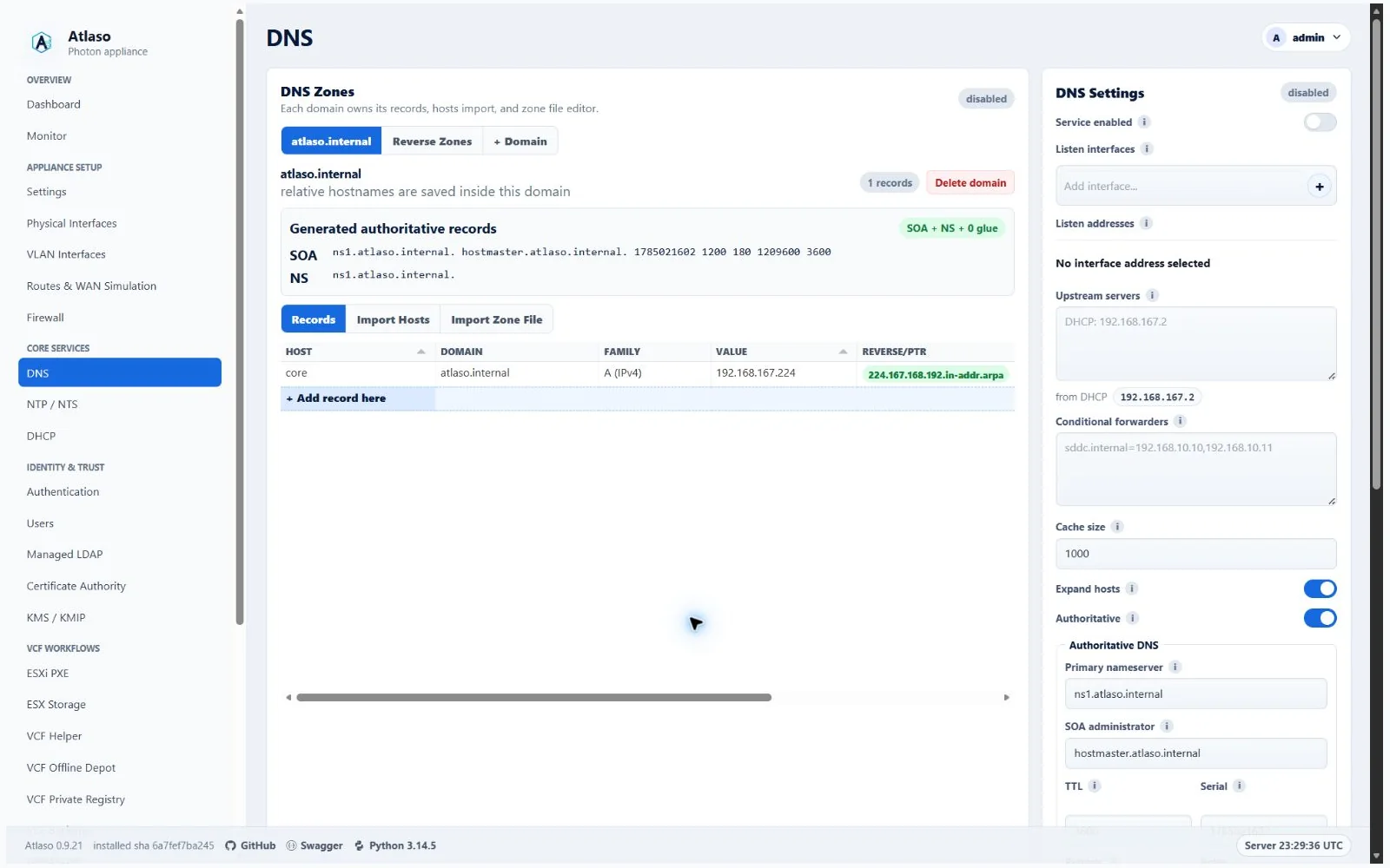 Atlaso DNS page in the clean-appliance desktop viewport.
