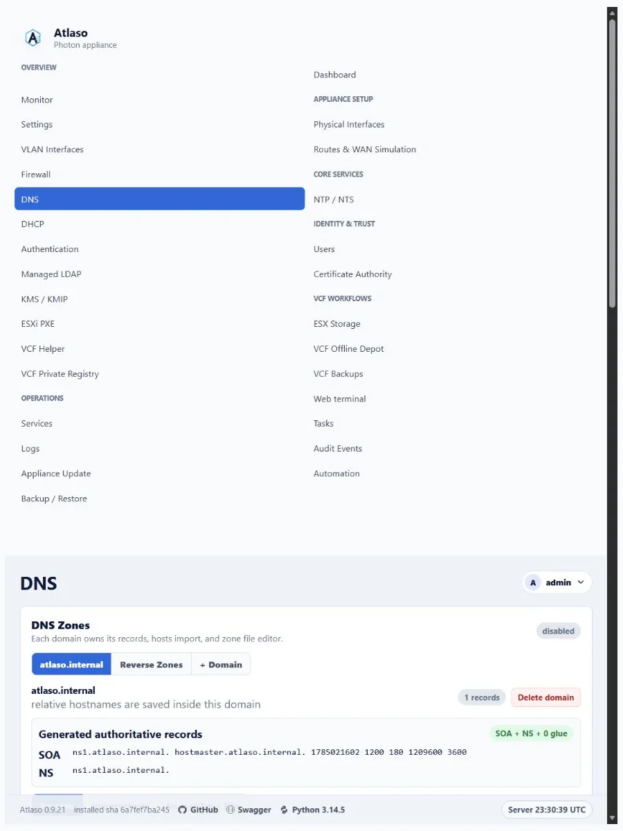 Atlaso DNS page in the clean-appliance responsive viewport.