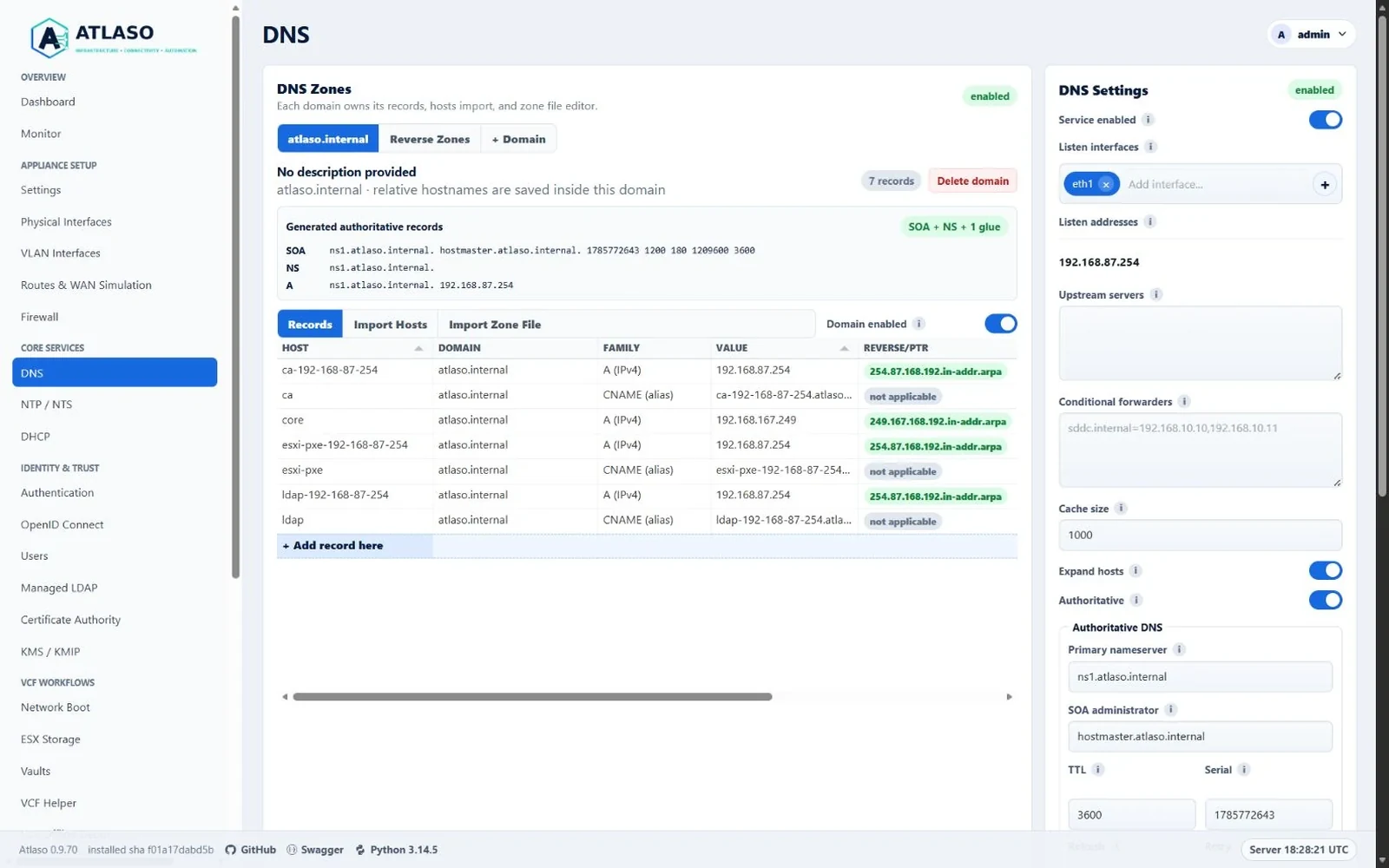 Atlaso DNS managed domain showing Records, Import Hosts, and Import Zone File tabs with Domain enabled on the right and compact generated authoritative records above.