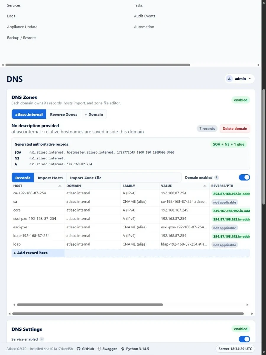 Atlaso DNS managed domain in a narrow viewport with Domain enabled aligned to the right of the tool tabs.