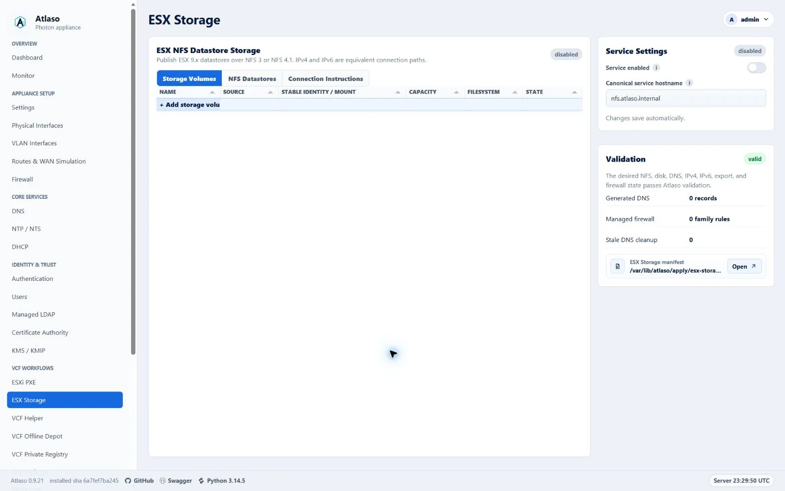 Atlaso ESX Storage page in the clean-appliance desktop viewport.