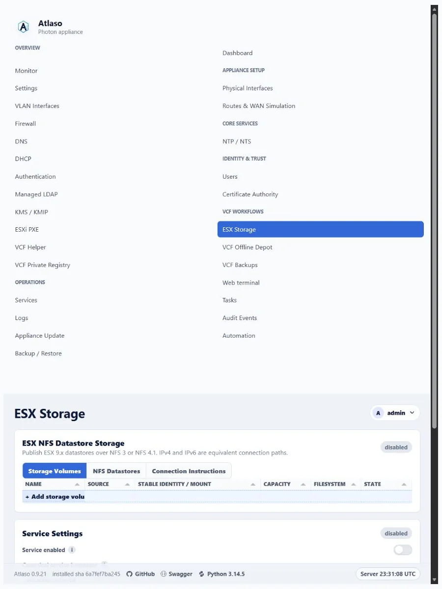 Atlaso ESX Storage page in the clean-appliance responsive viewport.