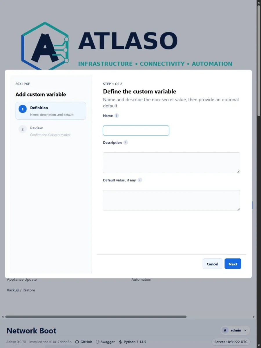 Atlaso ESXi custom variable wizard in a narrow viewport with full-width Description and Default value fields.