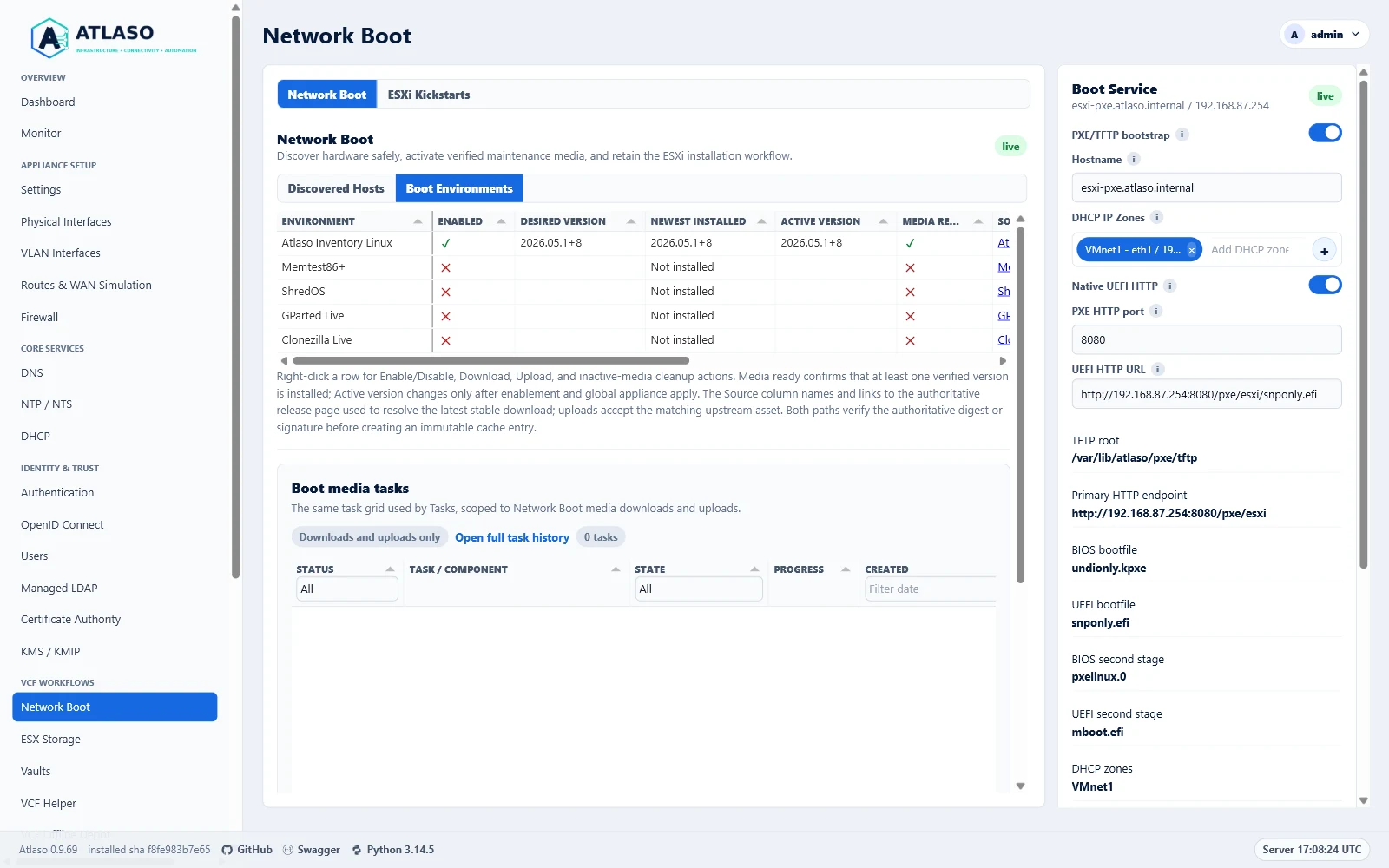 Atlaso Network Boot page in the clean-appliance desktop viewport.