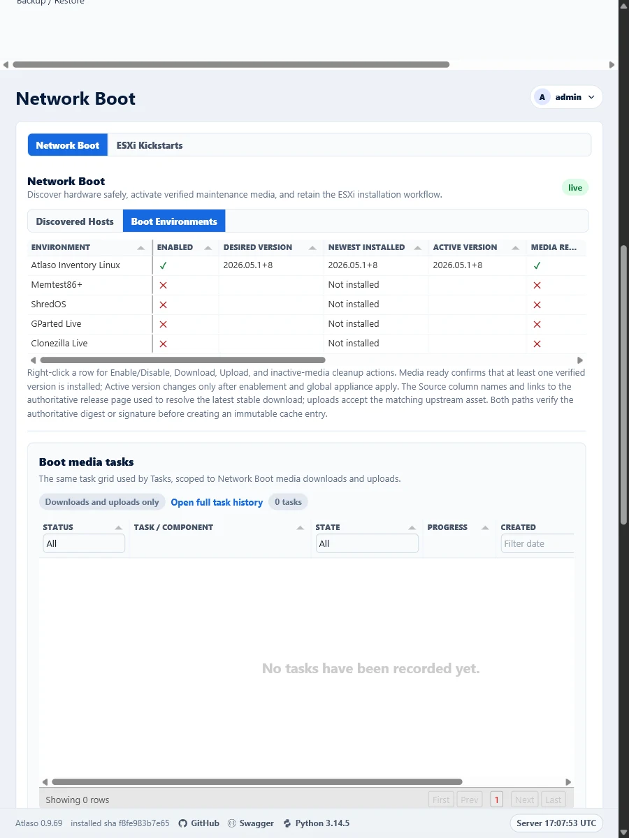 Atlaso Network Boot page in the clean-appliance responsive viewport.