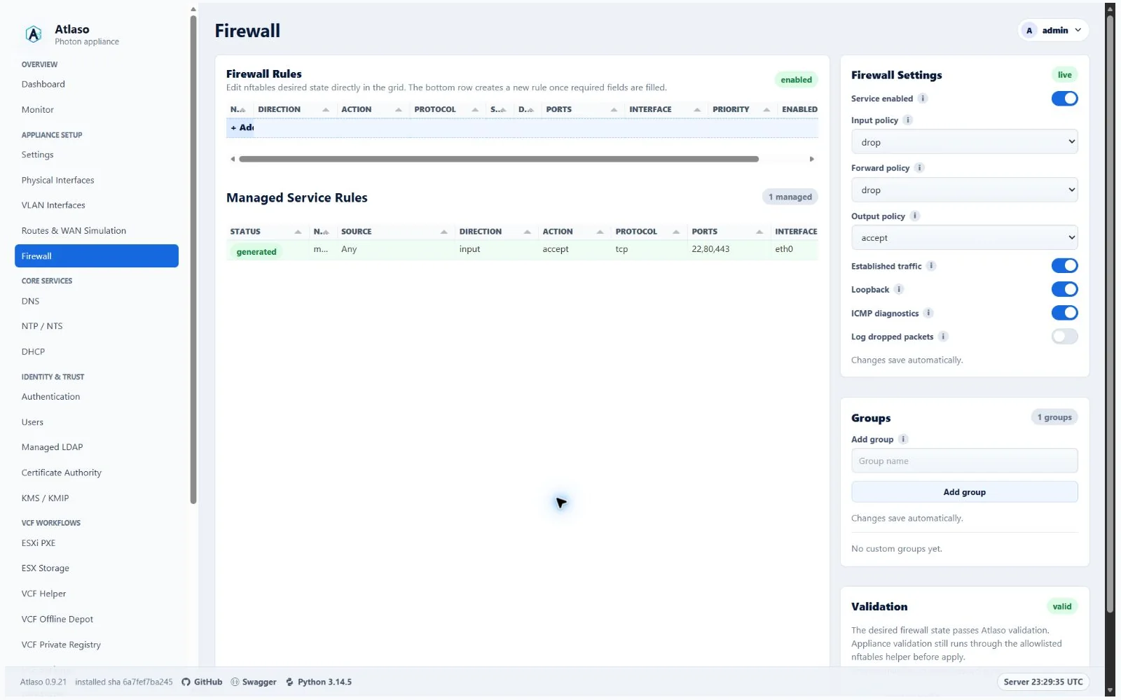 Atlaso Firewall page in the clean-appliance desktop viewport.