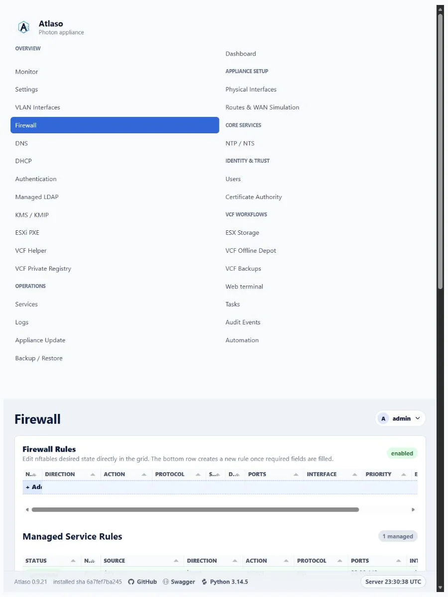Atlaso Firewall page in the clean-appliance responsive viewport.