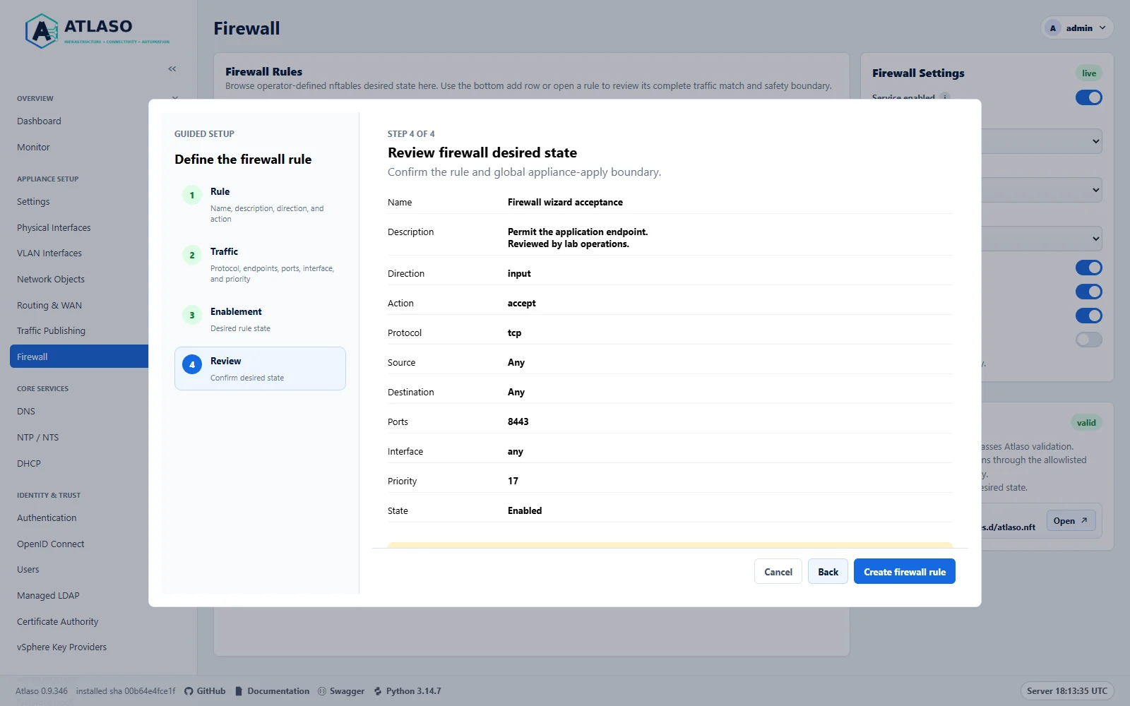Atlaso Firewall Review step showing escaped operator notes with preserved line breaks and rule priority.