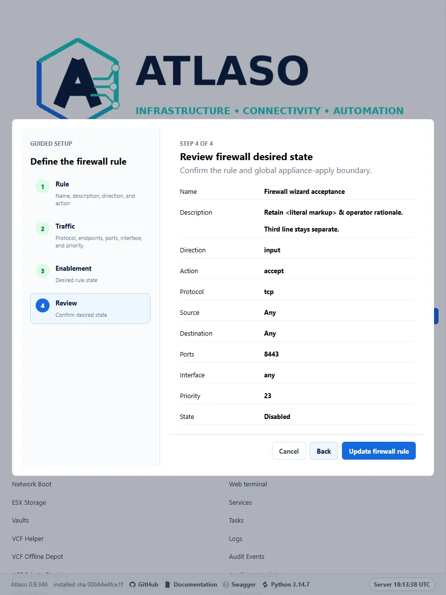 Atlaso Firewall Review step showing escaped operator notes with preserved line breaks and rule priority.