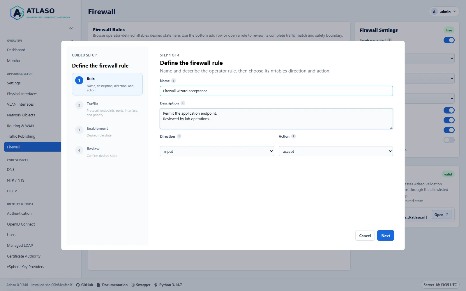 Atlaso Firewall Rule step with a full-width multiline Description and the four-step navigation.